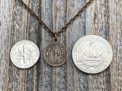 Bronze Small French St Benedict Medal Pendant and Necklace, Antique Replica, Crux Sancti Patris Benedicti, Holy Father Saint Benedict Charm