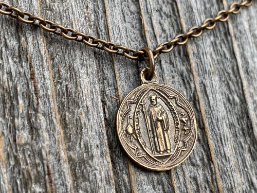 Bronze Small French St Benedict Medal Pendant and Necklace, Antique Replica, Crux Sancti Patris Benedicti, Holy Father Saint Benedict Charm