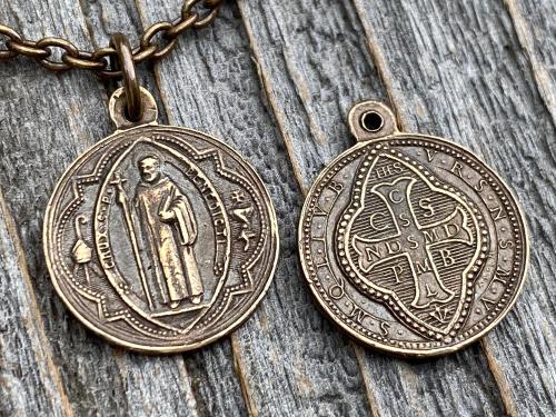 Bronze Small French St Benedict Medal Pendant and Necklace, Antique Replica, Crux Sancti Patris Benedicti, Holy Father Saint Benedict Charm