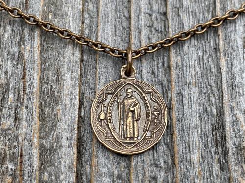 Bronze Small French St Benedict Medal Pendant and Necklace, Antique Replica, Crux Sancti Patris Benedicti, Holy Father Saint Benedict Charm