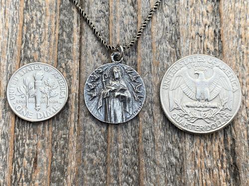 Fertility Saint Colette of Corbie Sterling Silver Medal and Necklace, By French Artist Tricard, Antique Replica, Patron Saint of Fertility