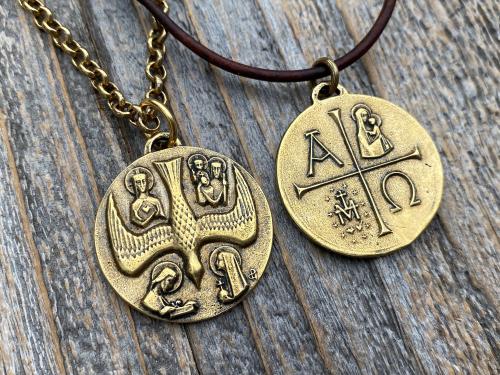 Large Antiqued Gold 5 Way Medal Pendant and Necklace, Antique Replica of Rare Big 4 Way Medallion from France by JB and PCH, Descending Dove