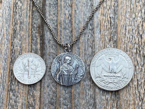 Sterling Silver St Charles Borromeo Medal and Necklace, By French Artist Tricard, Antique Replica, Patron Saint of Stomach Ailments Dieting