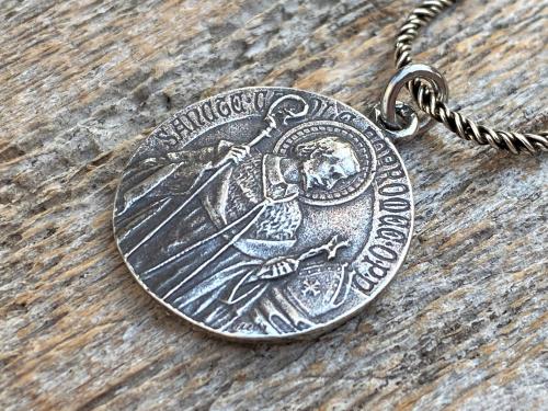 Sterling Silver St Charles Borromeo Medal and Necklace, By French Artist Tricard, Antique Replica, Patron Saint of Stomach Ailments Dieting