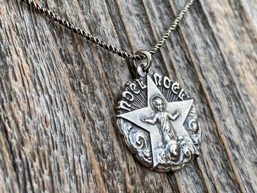 Sterling Silver Christmas Noel Noel Pendant and Necklace, Antique Replica of a Rare French Medallion, Baby Jesus with a Radiant Star, France