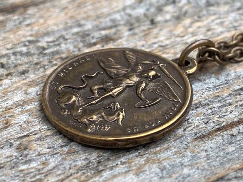 Bronze Saint Michael the Archangel and Guardian Angel Medal Pendant on Necklace, Antique Replica, Rare Two-Sided Angel Medallion Charm M3