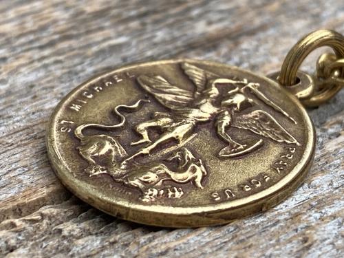 Antiqued Gold St Michael the Archangel Medal Pendant on Necklace, Antique Replica Two-Sided Protection Medallion against Satan Devil Evil M3