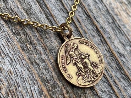 Antiqued Gold St Michael the Archangel Medal Pendant on Necklace, Antique Replica Two-Sided Protection Medallion against Satan Devil Evil M3