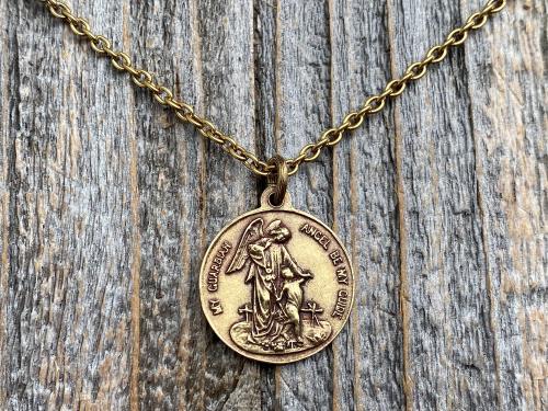 Antiqued Gold St Michael the Archangel Medal Pendant on Necklace, Antique Replica Two-Sided Protection Medallion against Satan Devil Evil M3