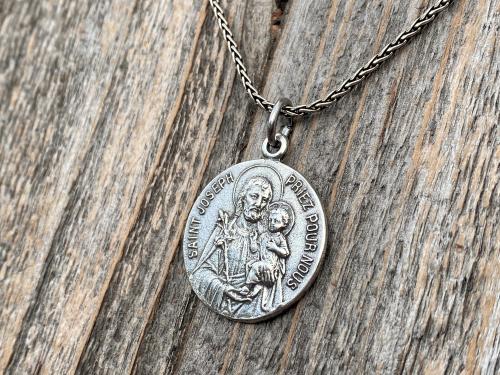 Sterling Silver Saint Joseph French Medal Pendant on Necklace, Antique Replica Medallion, Oratoire St. Joseph, Mont Royal, Montreal Quebec