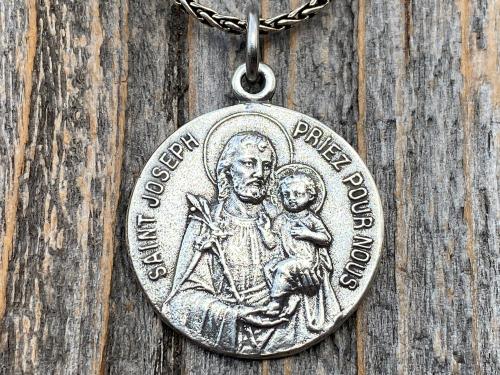 Sterling Silver Saint Joseph French Medal Pendant on Necklace, Antique Replica Medallion, Oratoire St. Joseph, Mont Royal, Montreal Quebec