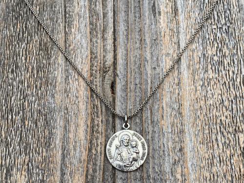 Sterling Silver Saint Joseph French Medal Pendant on Necklace, Antique Replica Medallion, Oratoire St. Joseph, Mont Royal, Montreal Quebec