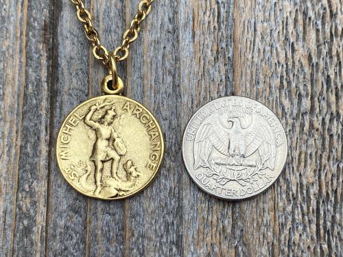 Antiqued Gold St Michael French Medal on Necklace, Antique Replica, Saint Michael the Archangel, St Michel Pendant, Protection against Satan