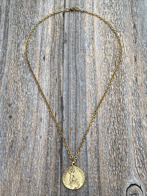 Antiqued Gold St Michael French Medal on Necklace, Antique Replica, Saint Michael the Archangel, St Michel Pendant, Protection against Satan