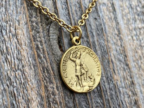 Antiqued Gold St Michael French Medal on Necklace, Antique Replica, Saint Michael the Archangel, St Michel Pendant, Protection against Satan