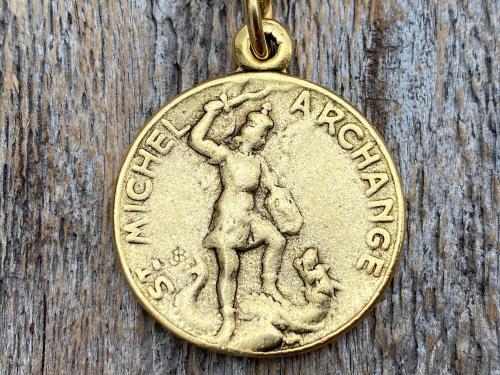 Antiqued Gold St Michael French Medal on Necklace, Antique Replica, Saint Michael the Archangel, St Michel Pendant, Protection against Satan