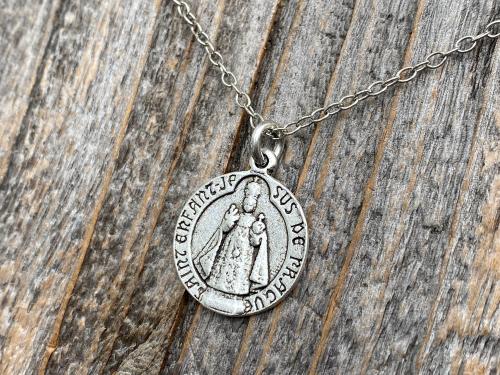 Silver The Infant Jesus of Prague Medal Pendant on Necklace, Antique Replica Signed by Charl, Saint Enfant Jesus De Prague, French Medallion