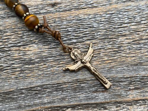 Bronze Chaplet of St Michael the Archangel, Antique Replica Medal, Crucifix and Beads, Yellow Tigereye Gemstones, A Holy Moments Original