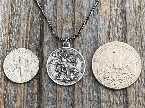 Sterling Silver St Michael the Archangel & GuardianAngel Medal Pendant on Necklace, Antique Replica Rare Two-Sided Protection Medallion, M3