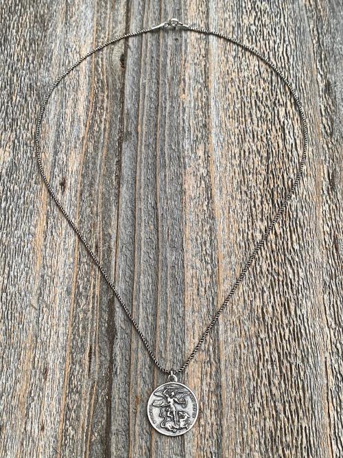Sterling Silver St Michael the Archangel & GuardianAngel Medal Pendant on Necklace, Antique Replica Rare Two-Sided Protection Medallion, M3