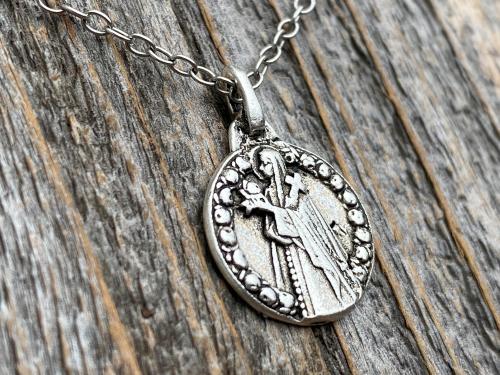 Small Silver St Thérèse of Lisieux Medal Pendant on Necklace, Antique Replica of Rare St Theresa of the Child Jesus Medallion by Artist PY