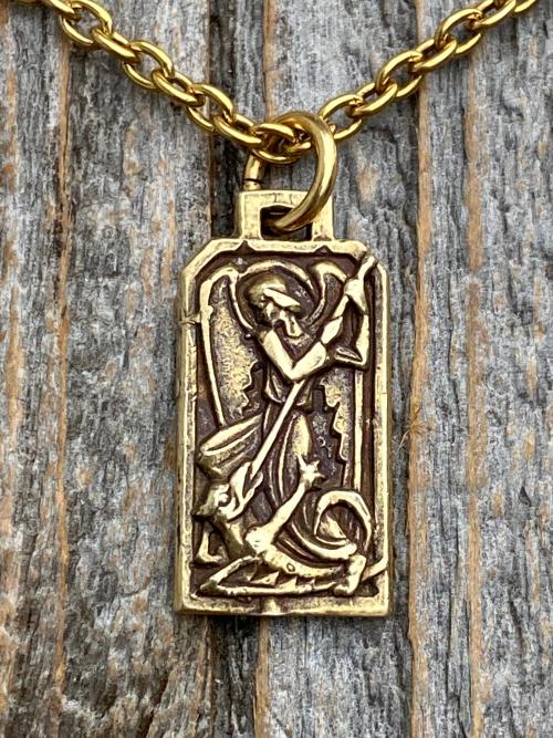 Antiqued Gold Saint Michael Medal Pendant on Necklace, French Antique Replica Medallion, Art Deco Rectangular St Michael the Archangel By PY