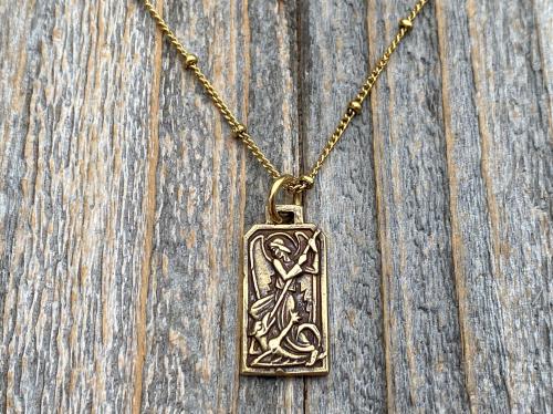 Antiqued Gold Saint Michael Medal Pendant on Necklace, French Antique Replica Medallion, Art Deco Rectangular St Michael the Archangel By PY