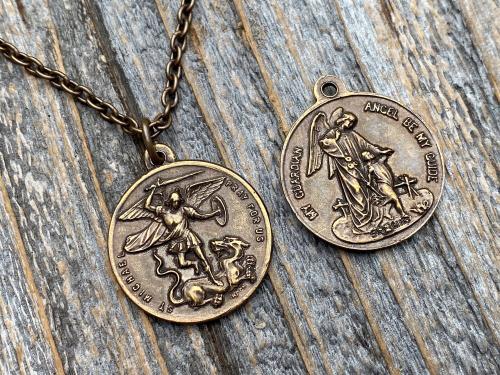 Bronze Saint Michael the Archangel and Guardian Angel Medal Pendant on Necklace, Antique Replica, Rare Two-Sided Angel Medallion Charm M3