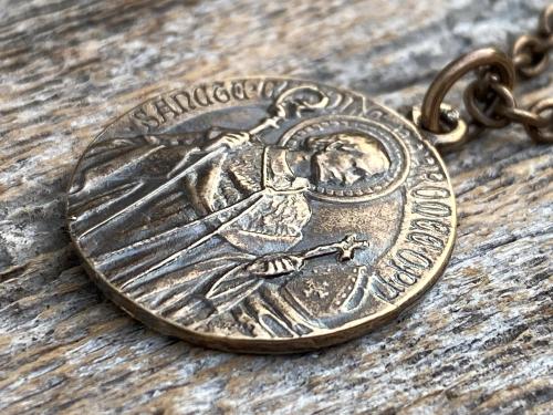 Bronze St Charles Borromeo Medal and Necklace, By French Artist Tricard, Antique Replica, Patron Saint of Stomach Ailments, Weight Loss
