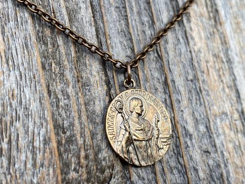 Bronze St Charles Borromeo Medal and Necklace, By French Artist Tricard, Antique Replica, Patron Saint of Stomach Ailments, Weight Loss