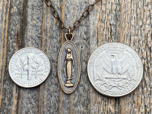 Bronze Latin Miraculous Medal Pendant and Necklace, Antique Replica of French Miraculous Medallion, Elongated Oval Shape Blessed Virgin Mary