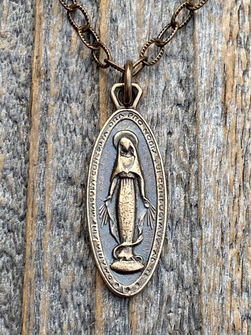 Bronze Latin Miraculous Medal Pendant and Necklace, Antique Replica of French Miraculous Medallion, Elongated Oval Shape Blessed Virgin Mary