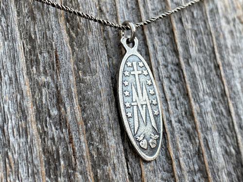 Sterling Silver Latin Miraculous Medal Pendant and Necklace, Antique Replica of French Miraculous Medallion, Elongated Oval Shaped Charm