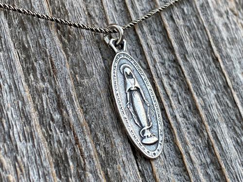 Sterling Silver Latin Miraculous Medal Pendant and Necklace, Antique Replica of French Miraculous Medallion, Elongated Oval Shaped Charm