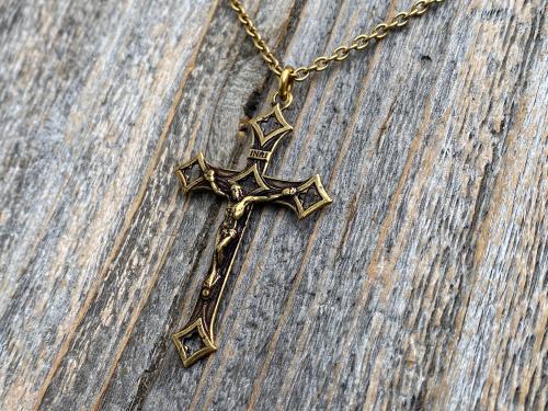 Antiqued Gold Baroque Crucifix, Antique Replica, From Rome Holy See, Pendant on Necklace, Large Crucifix Cross with Open Quattrefoil Ends