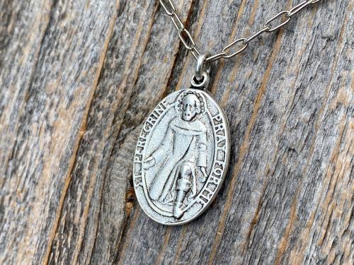 Silver St Peregrine Laziosi Medal Pendant on Paperclip Necklace, Antique Replica, Saint of Cancer, Saint Peregrinus Pellegrino, Pray for Me