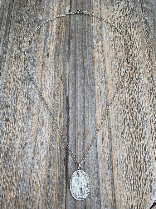 Silver St Peregrine Laziosi Medal Pendant on Paperclip Necklace, Antique Replica, Saint of Cancer, Saint Peregrinus Pellegrino, Pray for Me