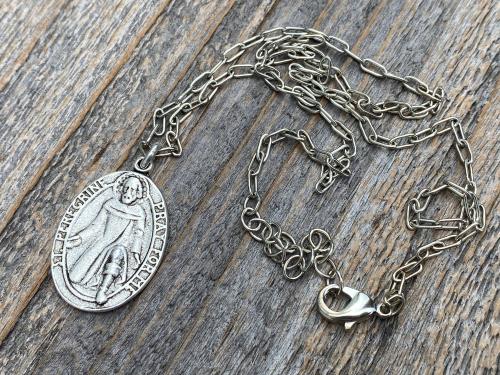 Silver St Peregrine Laziosi Medal Pendant on Paperclip Necklace, Antique Replica, Saint of Cancer, Saint Peregrinus Pellegrino, Pray for Me