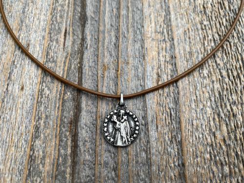 Antiqued Pewter St Thérèse of Lisieux Medal Pendant on Necklace, Antique Replica of Small St Theresa of the Child Jesus Charm by artist PY