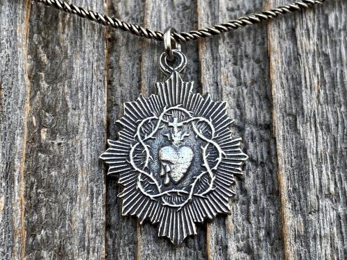 Petite French Sterling Silver Sacred Heart of Jesus Medal Pendant on Necklace, Antique Replica, Basilica of the Sacred Heart Paray-le-Monial
