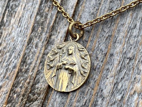 Fertility Saint Colette of Corbie Antiqued Gold Medallion and Necklace, By French Artist Tricard, Antique Replica, Patron Saint of Fertility