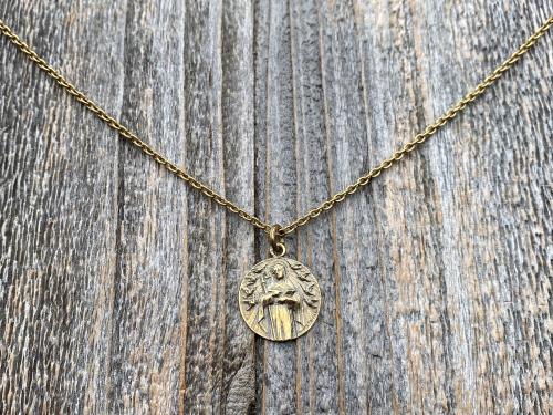 Fertility Saint Colette of Corbie Antiqued Gold Medallion and Necklace, By French Artist Tricard, Antique Replica, Patron Saint of Fertility