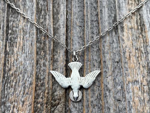 Silver Holy Spirit Dove Pendant and Necklace, Antique Replica of French Holy Spirit Charm, Descending Dove Medallion from France, Holy Ghost