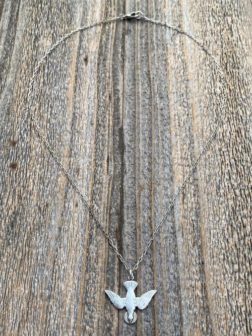 Silver Holy Spirit Dove Pendant and Necklace, Antique Replica of French Holy Spirit Charm, Descending Dove Medallion from France, Holy Ghost