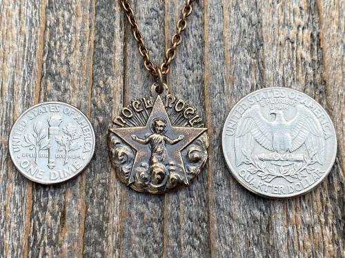 Bronze Christmas Noel Noel Pendant and Necklace, Antique Replica of a Rare French Medallion, Baby Jesus with a Radiant Star, from France