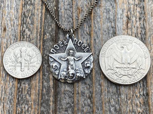 Sterling Silver Christmas Noel Noel Pendant and Necklace, Antique Replica of a Rare French Medallion, Baby Jesus with a Radiant Star, France