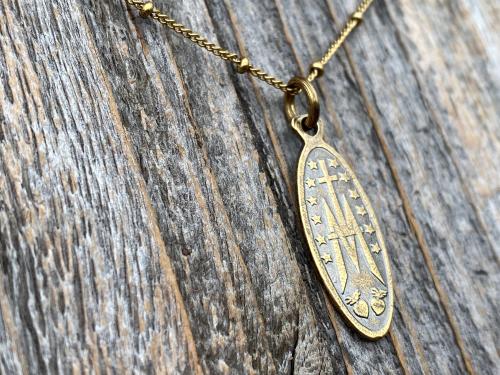 Antiqued Gold Latin Miraculous Medal Pendant and Necklace, Antique Replica of French Miraculous Medallion, Elongated Oval Shape Virgin Mary