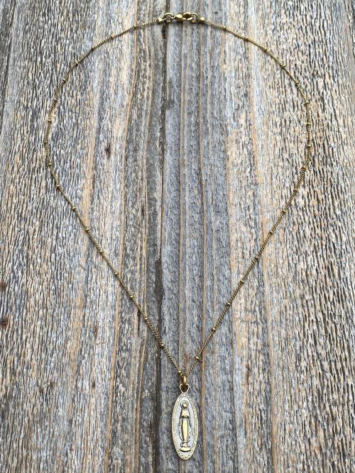 Antiqued Gold Latin Miraculous Medal Pendant and Necklace, Antique Replica of French Miraculous Medallion, Elongated Oval Shape Virgin Mary