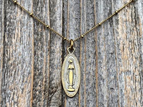 Antiqued Gold Latin Miraculous Medal Pendant and Necklace, Antique Replica of French Miraculous Medallion, Elongated Oval Shape Virgin Mary