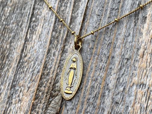 Antiqued Gold Latin Miraculous Medal Pendant and Necklace, Antique Replica of French Miraculous Medallion, Elongated Oval Shape Virgin Mary